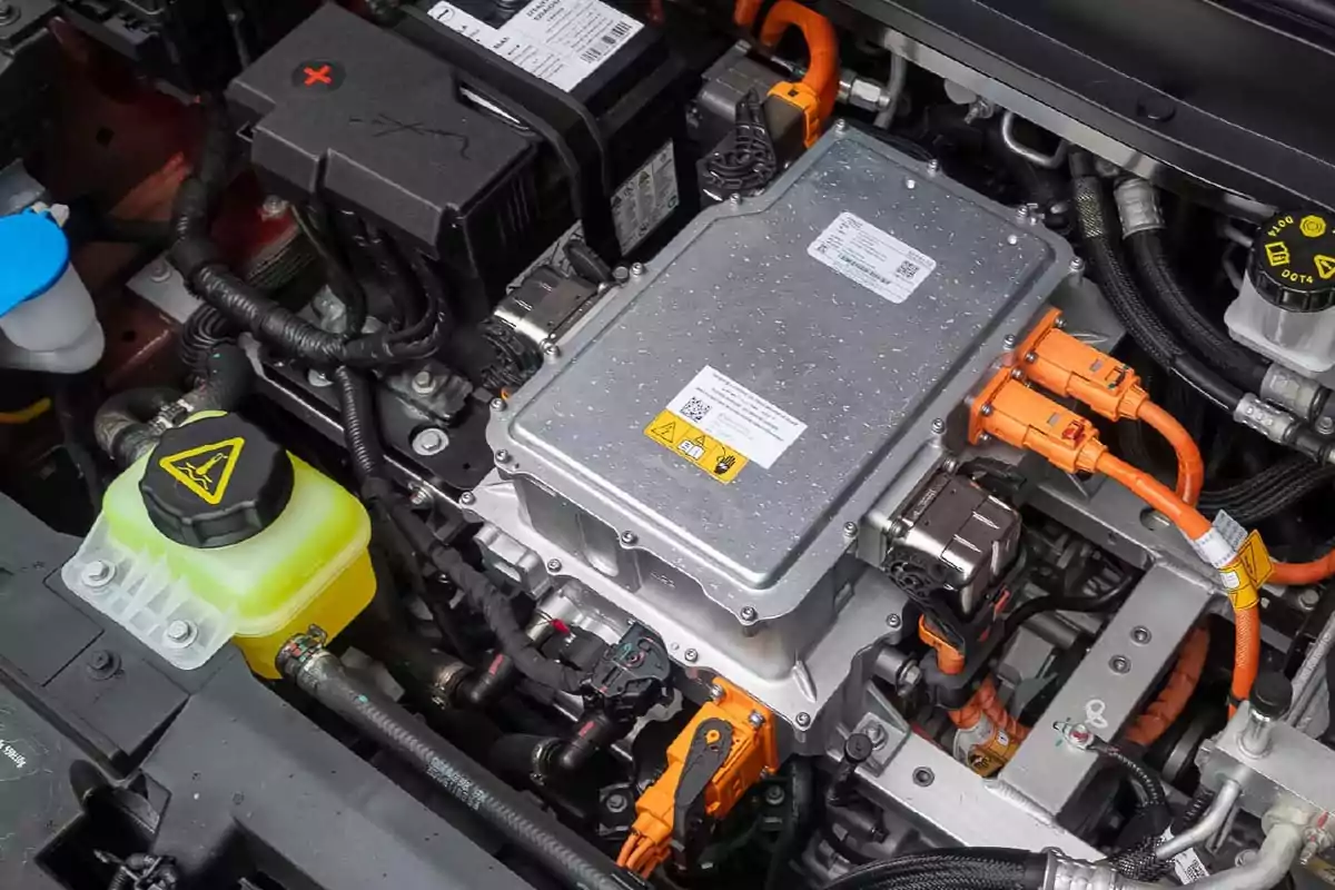 Electric car engine compartment showing orange high-voltage cables and electronic components Electric car engine compartment showing orange high-voltage cables and electronic components