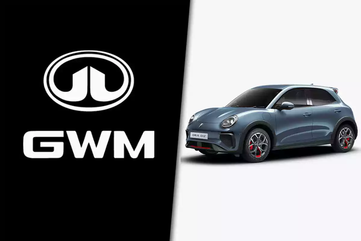GWM logo on the left and a blue ORA 03 GT model car on the right against a white background