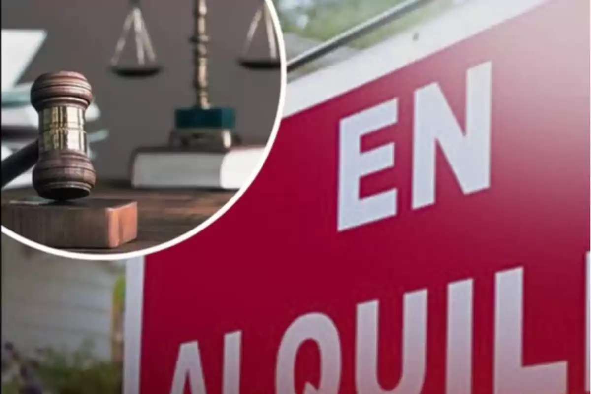 Cartel de alquiler en color rojo con letras blancas y un recuadro que muestra un mazo de juez y una balanza de la justicia sobre una mesa