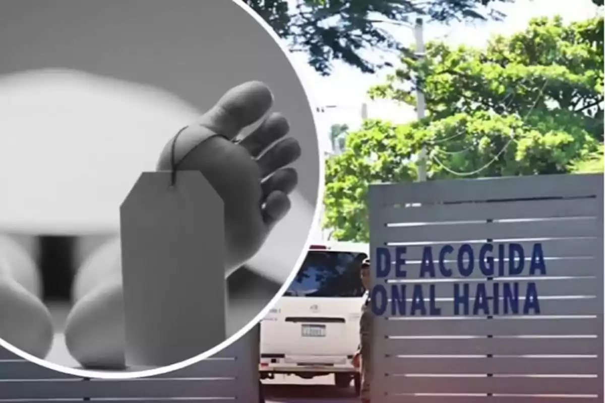 Puerta de un centro de acogida con un guardia y un vehículo al fondo, junto a una imagen en blanco y negro de un pie con una etiqueta de morgue.