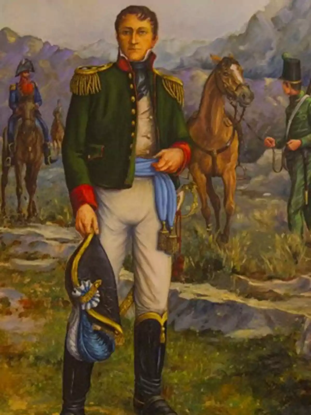Painting of a military officer in historic dress uniform in a mountainous landscape, accompanied by horses and other soldiers Painting of a military officer in historic dress uniform in a mountainous landscape, accompanied by horses and other soldiers