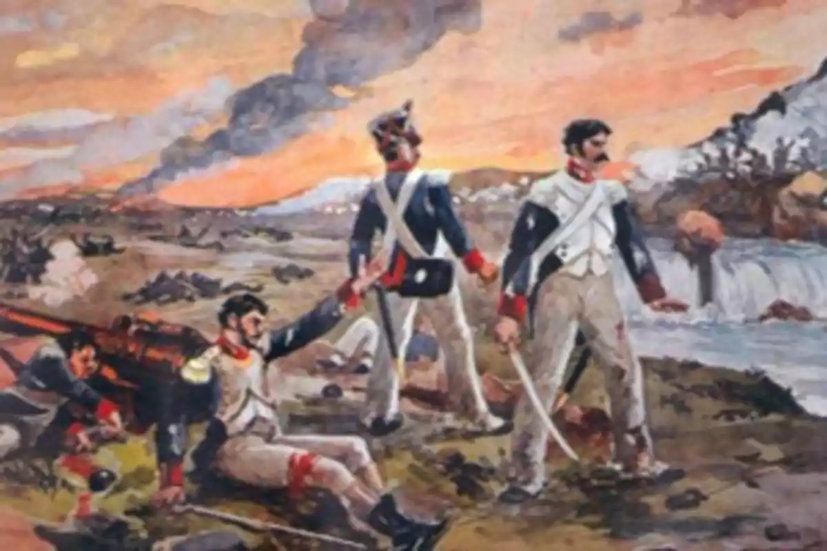 Painting of soldiers in military uniform during a battle near a river with smoke and fire in the background Painting of soldiers in military uniform during a battle near a river with smoke and fire in the background