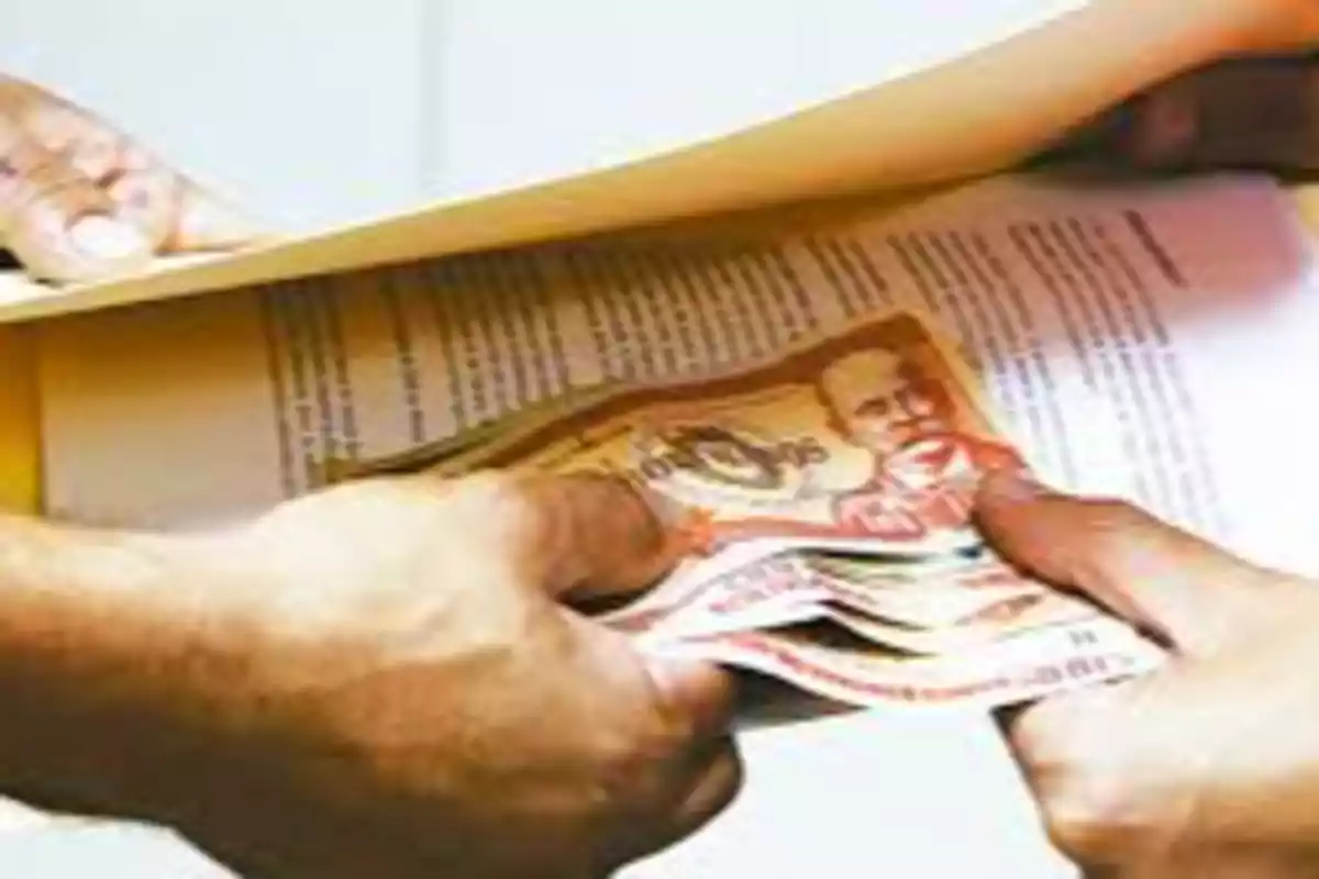 Two people exchange bills inside a yellow envelope next to some printed documents. Two people exchange bills inside a yellow envelope next to some printed documents.