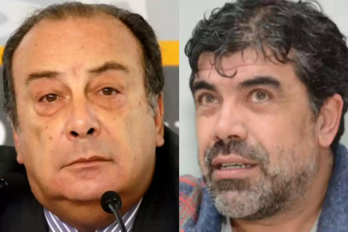 Two middle-aged men appear in the foreground, one with short gray hair wearing a dark jacket, and the other with a beard and dark curly hair wearing a blue sweater.