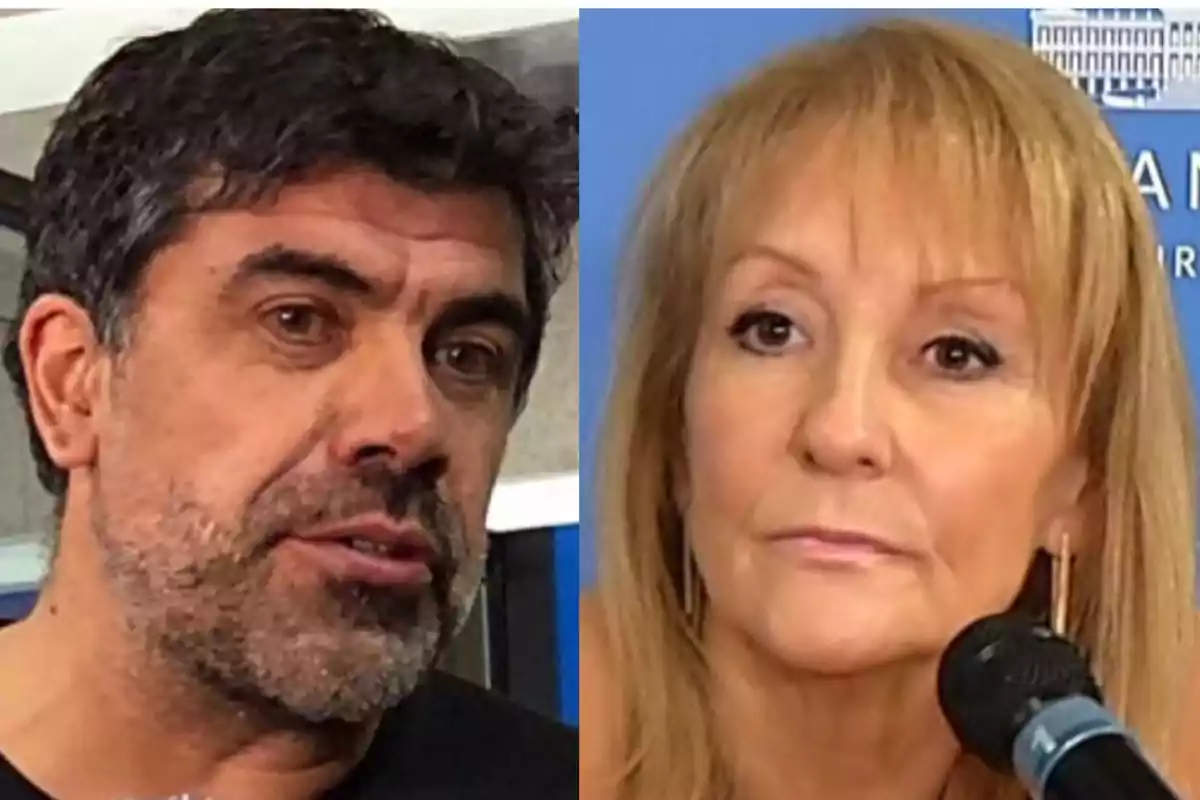 Close-up of a dark-haired, bearded man next to a blonde woman speaking in front of a microphone