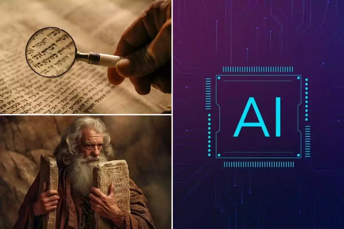 Collage with a hand holding a magnifying glass over an ancient Hebrew text, an elderly bearded man holding two stone tablets, and a digital graphic with the letters AI in the center