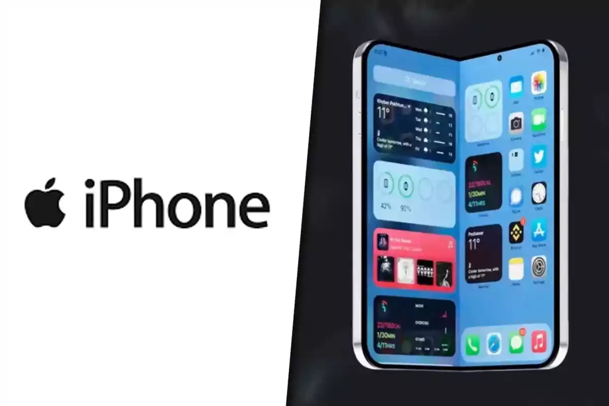 Logo de Apple junto a un iPhone plegable con pantalla extendida mostrando aplicaciones y widgets