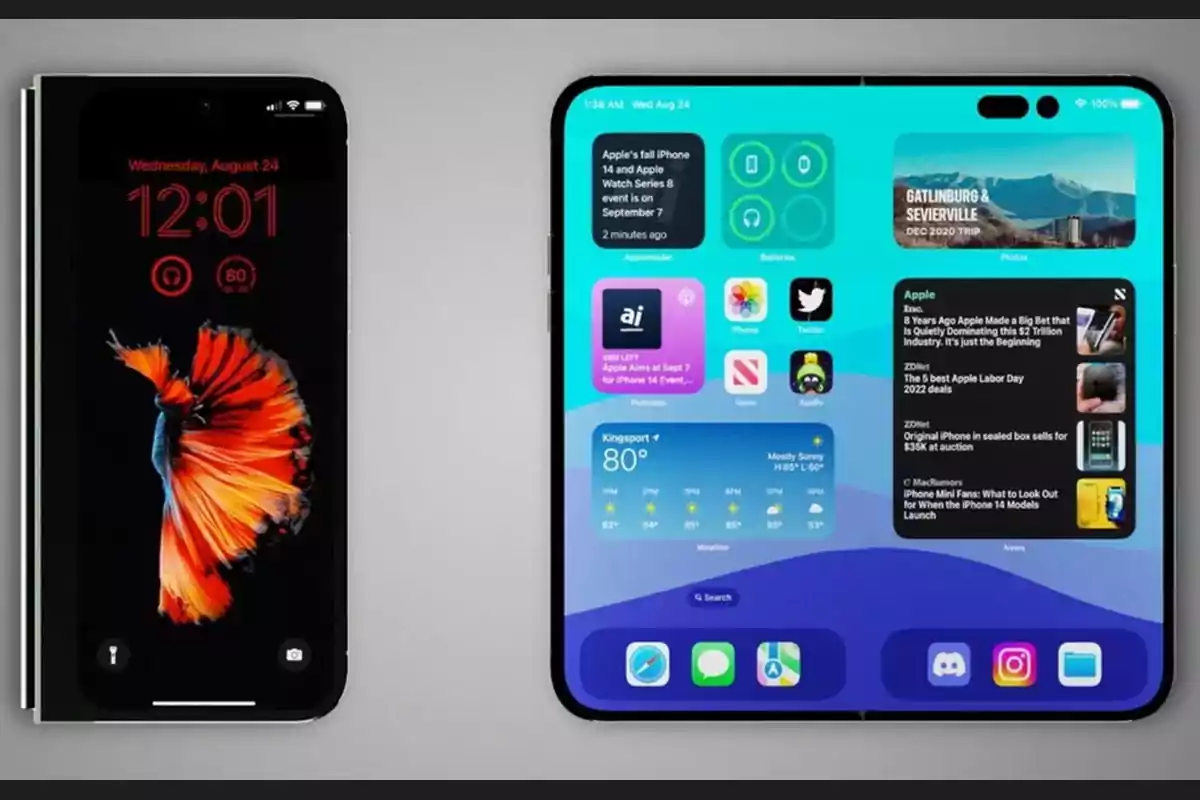 Dos teléfonos inteligentes, uno plegado mostrando la pantalla de bloqueo y otro desplegado en modo tableta con la pantalla de inicio llena de aplicaciones y widgets. Dos teléfonos inteligentes, uno plegado mostrando la pantalla de bloqueo y otro desplegado en modo tableta con la pantalla de inicio llena de aplicaciones y widgets.