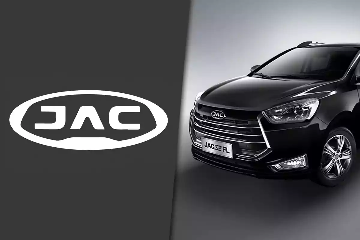 Black JAC S2 FL car next to the JAC brand logo on a gray background