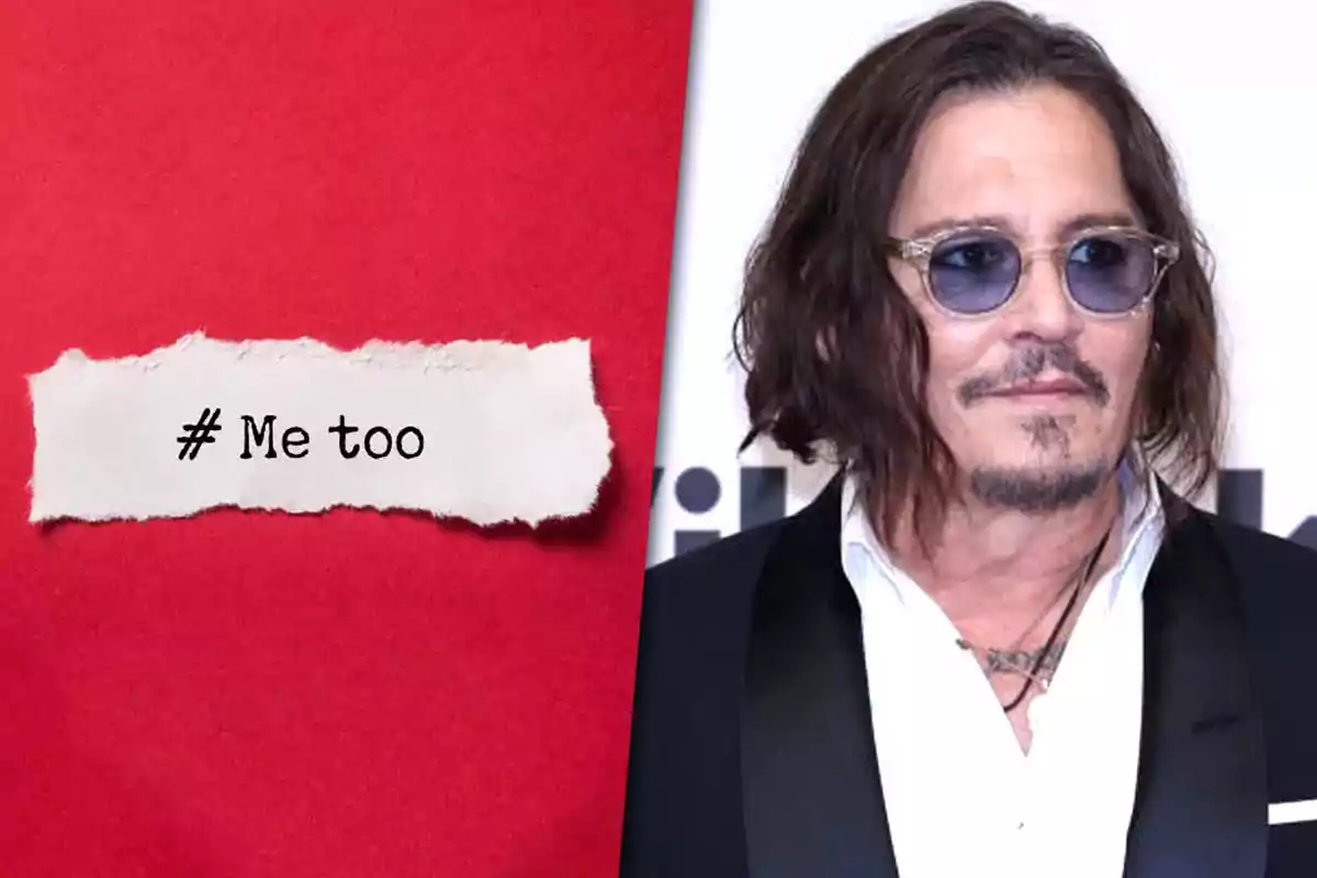 Paper with the text hashtag Me too on a red background next to a man with sunglasses and long hair wearing a black jacket and white jersey