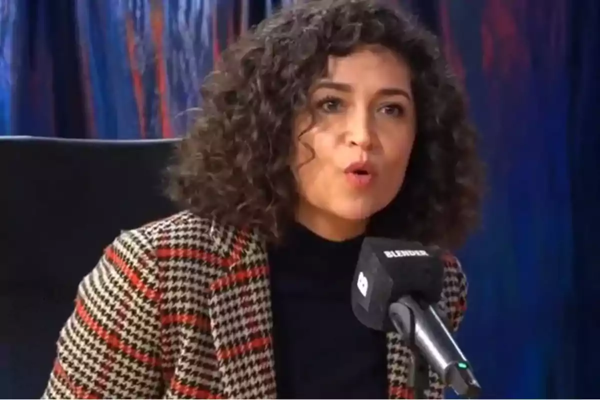 Mujer de cabello rizado hablando frente a un micrófono durante una entrevista Mujer de cabello rizado hablando frente a un micrófono durante una entrevista