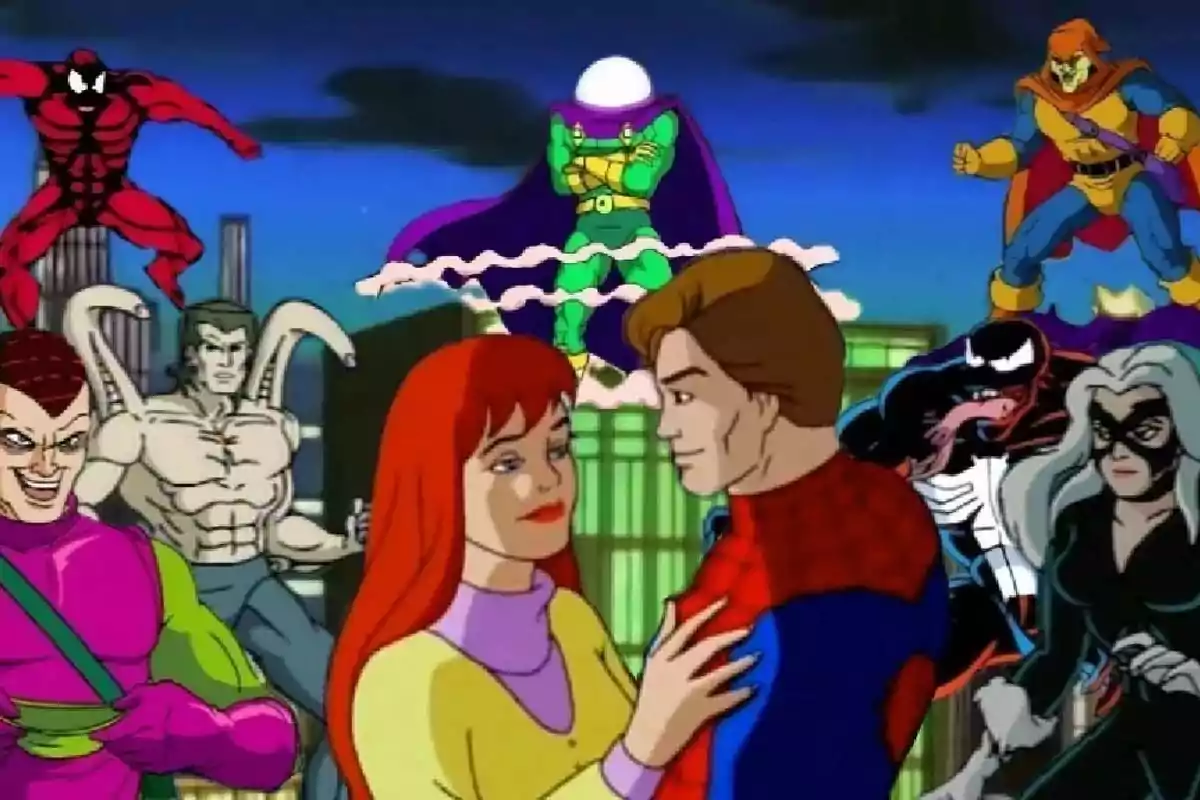 Couple hugging in the center surrounded by various comic book characters in colorful costumes with a nighttime city background Couple hugging in the center surrounded by various comic book characters in colorful costumes with a nighttime city background