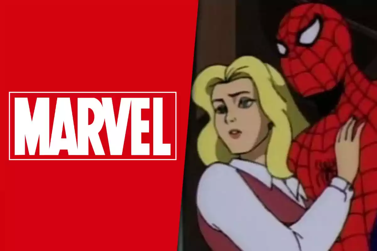 Marvel logo next to an animated scene of Spider-Man hugging a blonde woman