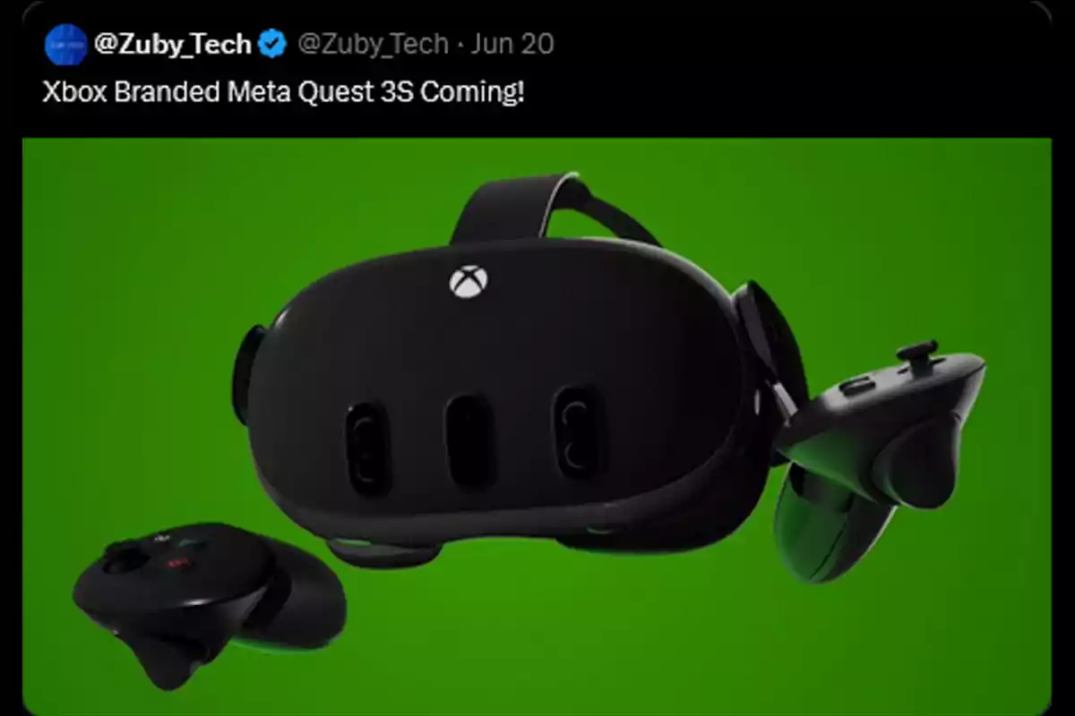 Un visor de realidad virtual negro con el logo de Xbox y dos controles sobre un fondo verde Un visor de realidad virtual negro con el logo de Xbox y dos controles sobre un fondo verde