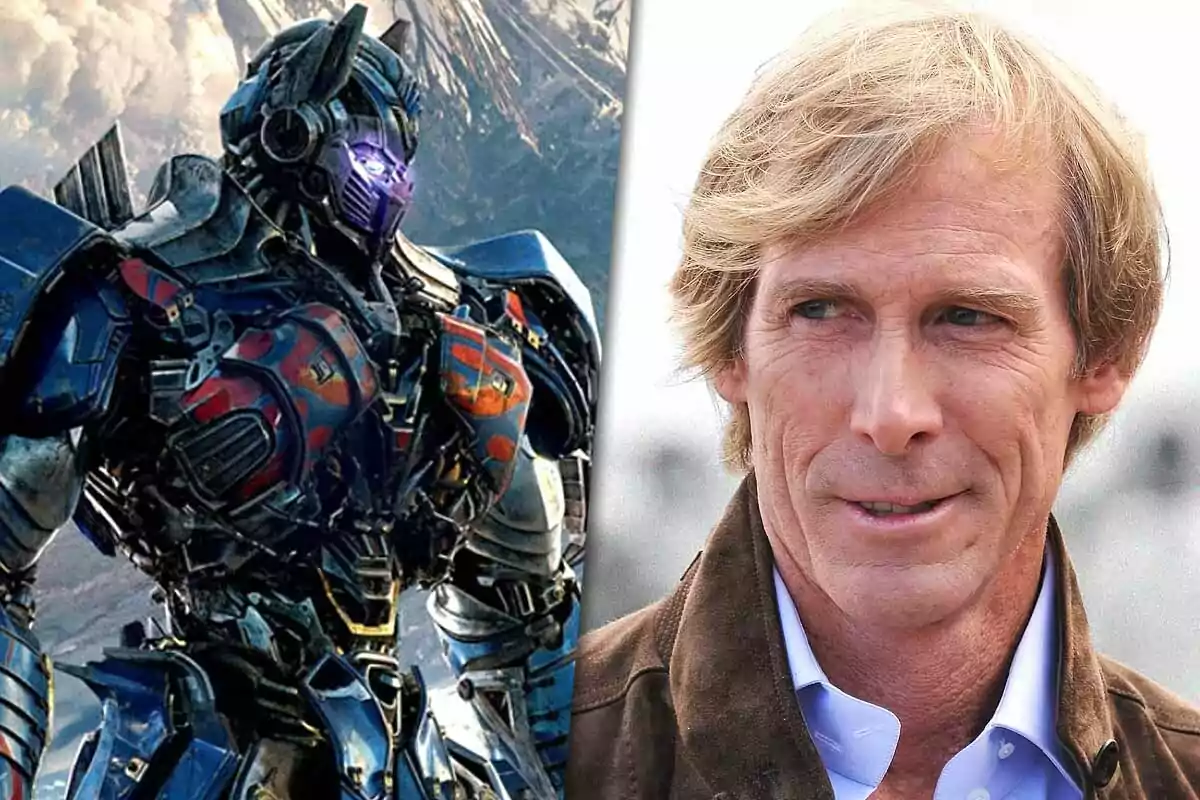 Un robot de aspecto futurista junto a un hombre de cabello rubio y expresión seria