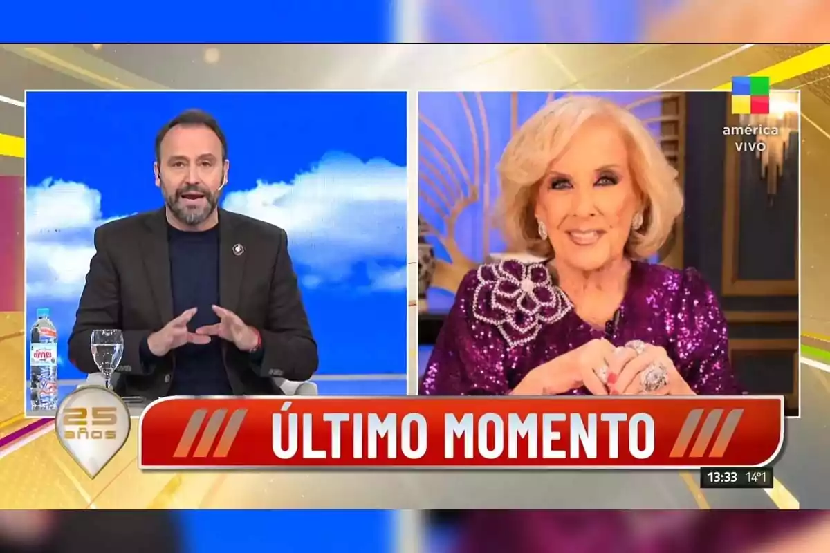 Dos presentadores de televisión aparecen en pantalla dividida durante una transmisión en vivo con un gráfico rojo que dice último momento en la parte inferior Dos presentadores de televisión aparecen en pantalla dividida durante una transmisión en vivo con un gráfico rojo que dice último momento en la parte inferior