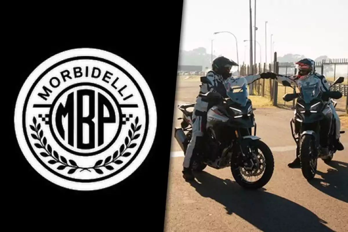 Logotipo de Morbidelli MBP a la izquierda y dos motociclistas dándose la mano mientras están sobre sus motos en una carretera a la derecha