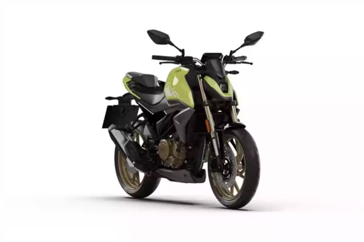 Motocicleta deportiva de color verde con negro y detalles dorados sobre un fondo blanco Motocicleta deportiva de color verde con negro y detalles dorados sobre un fondo blanco