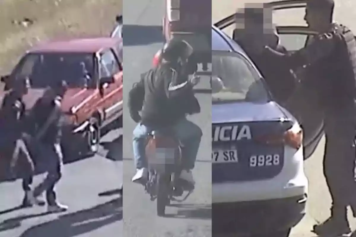 Tres escenas muestran a personas interactuando con vehículos y un policía junto a una patrulla