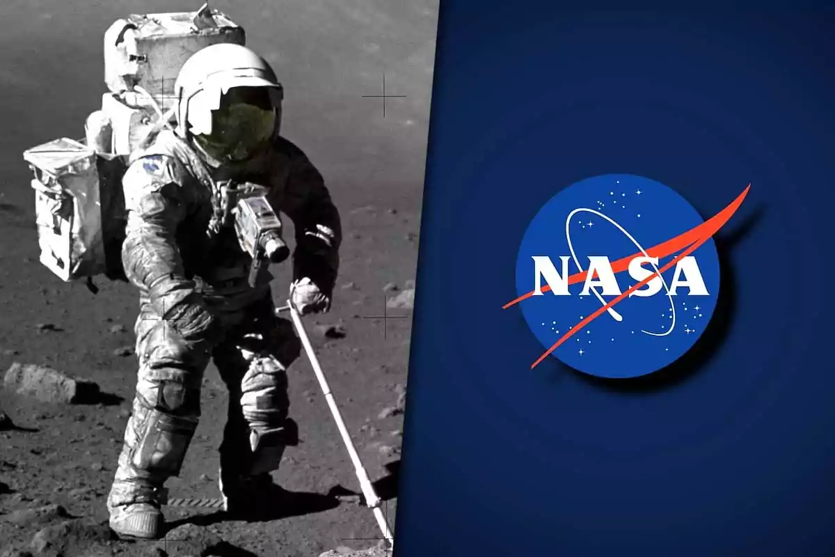 Astronaut walking on the lunar surface next to the NASA logo against a blue background
