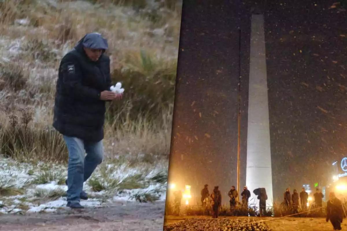 Un hombre abrigado camina sobre pasto cubierto de nieve mientras en la otra mitad de la imagen se observa el Obelisco de Buenos Aires de noche con personas y nieve cayendo