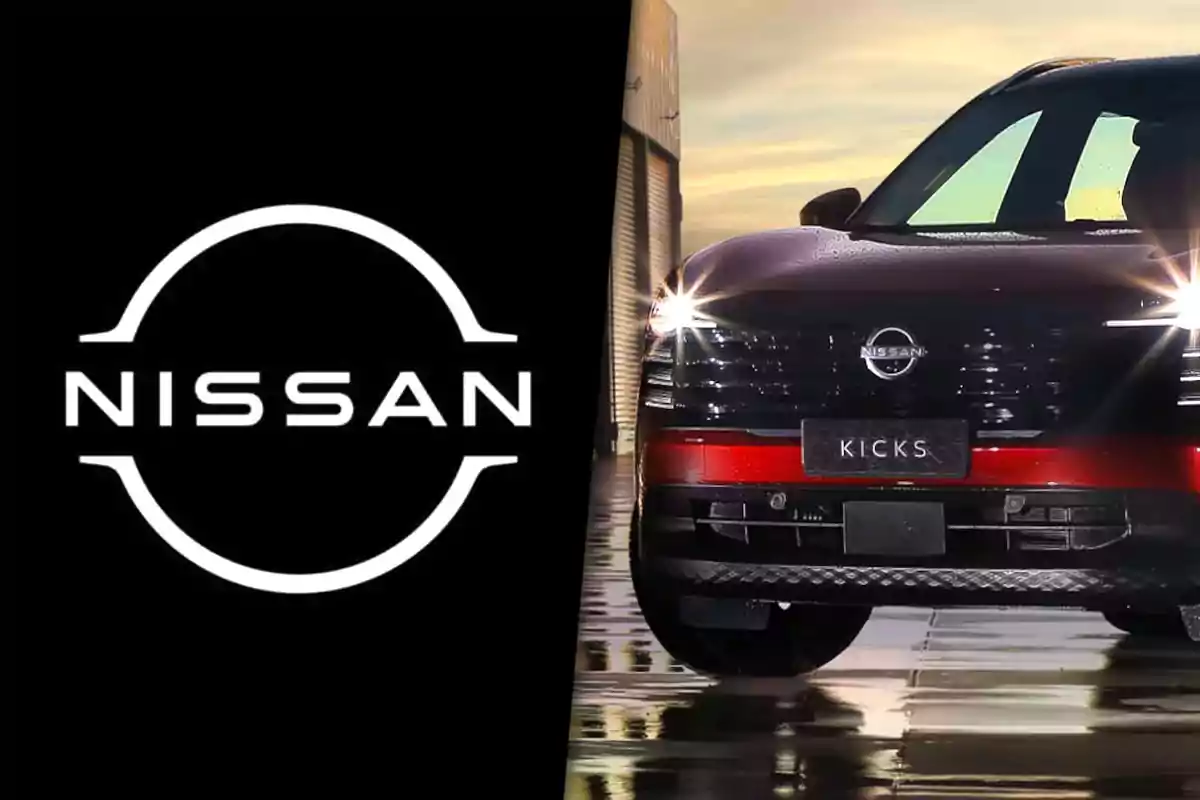 Nissan logo next to the front of a Nissan Kicks truck with the headlights on