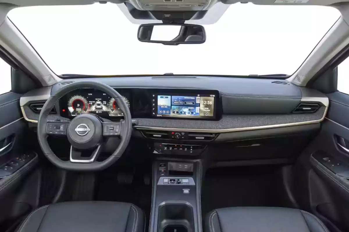 Modern car interior with multifunction steering wheel, digital dashboard, and central touchscreen. Modern car interior with multifunction steering wheel, digital dashboard, and central touchscreen.