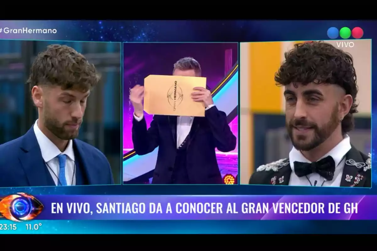 Two Big Brother finalists await the winner announcement while the host holds an envelope at center stage. Two Big Brother finalists await the winner announcement while the host holds an envelope at center stage.