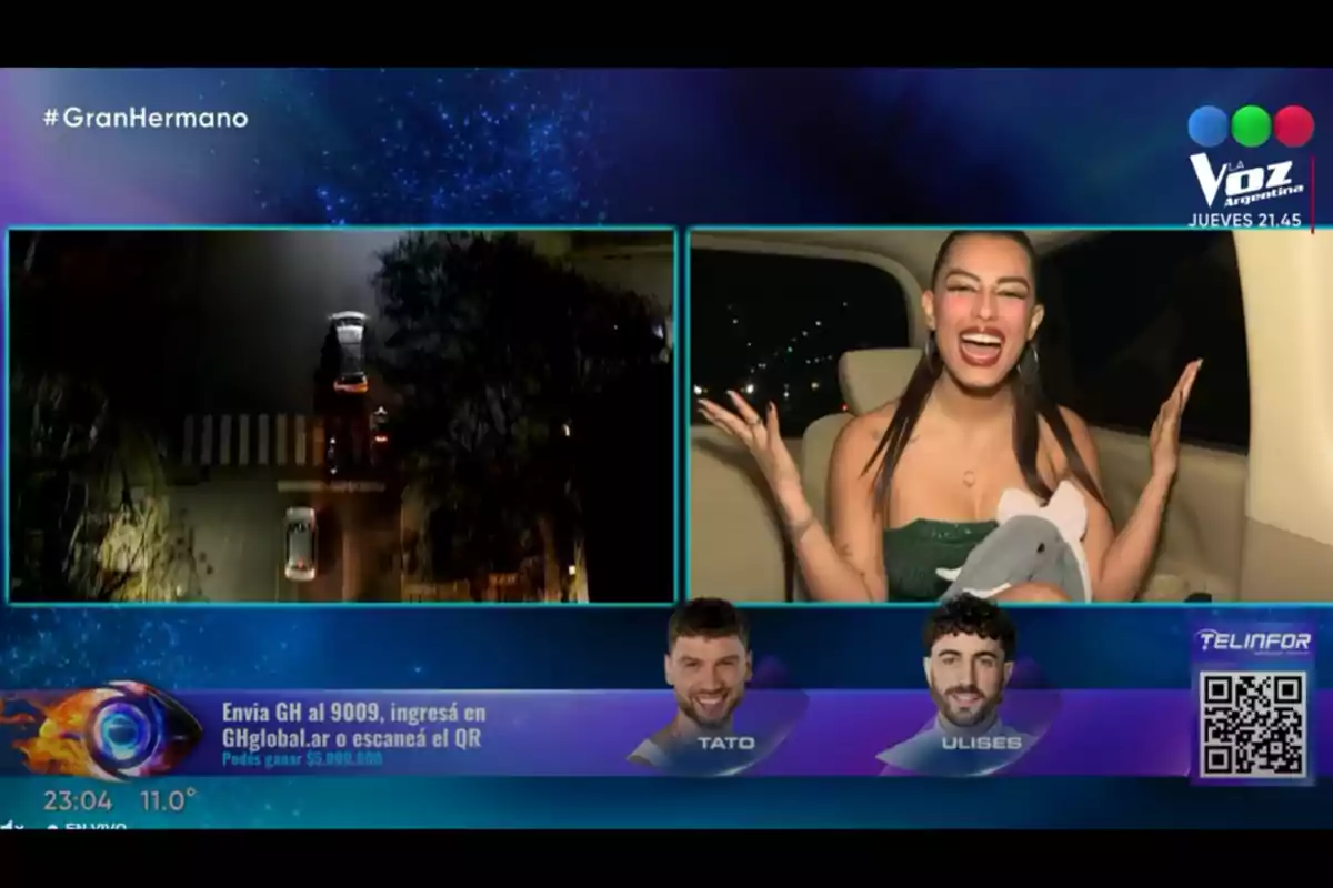 Split screen of a TV show displaying on the left a nighttime aerial view of cars on a street and on the right a smiling woman inside a car holding a stuffed animal, with program graphics and text at the bottom. Split screen of a TV show displaying on the left a nighttime aerial view of cars on a street and on the right a smiling woman inside a car holding a stuffed animal, with program graphics and text at the bottom.