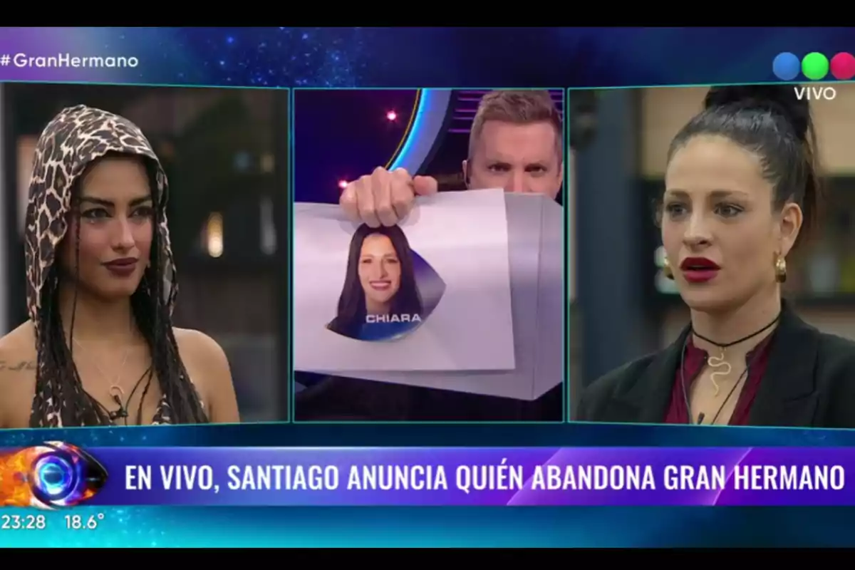 Two Big Brother contestants await the host’s announcement, who holds up a sheet with the photo of the eliminated person while the screen displays the live message: Santiago announces who is leaving Big Brother. Two Big Brother contestants await the host’s announcement, who holds up a sheet with the photo of the eliminated person while the screen displays the live message: Santiago announces who is leaving Big Brother.