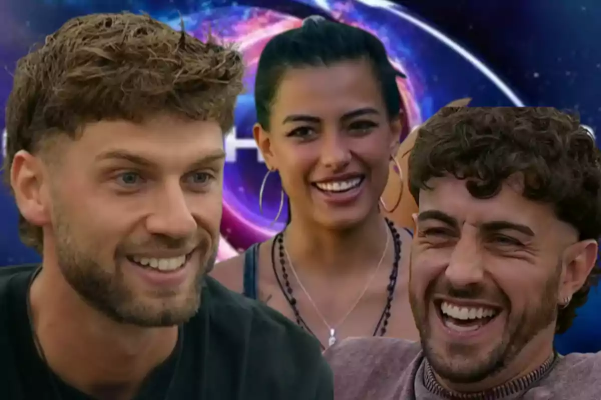 Three young people smile in front of a colorful background with a circular design and lights.
