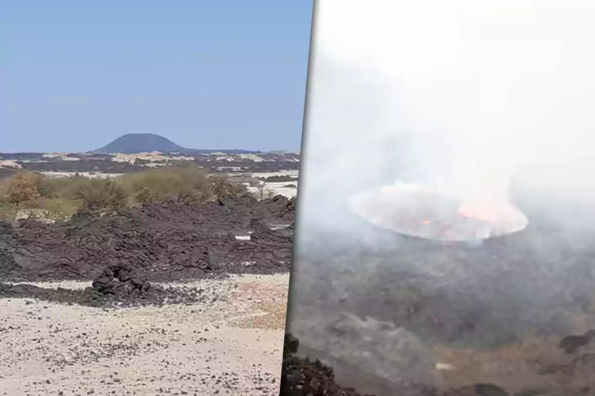 Volcanic landscape with scattered vegetation and a smoking crater in the foreground