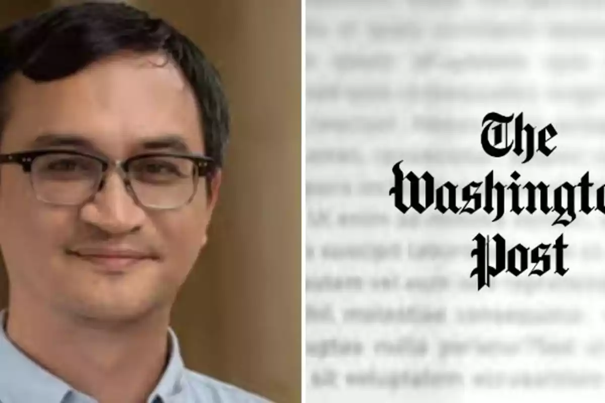 Fotografía de un hombre con gafas y camisa clara junto al logotipo de The Washington Post sobre un fondo desenfocado.
