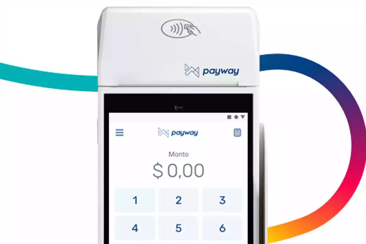 Terminal de pago electrónica Payway con pantalla encendida mostrando teclado numérico y monto en cero Terminal de pago electrónica Payway con pantalla encendida mostrando teclado numérico y monto en cero