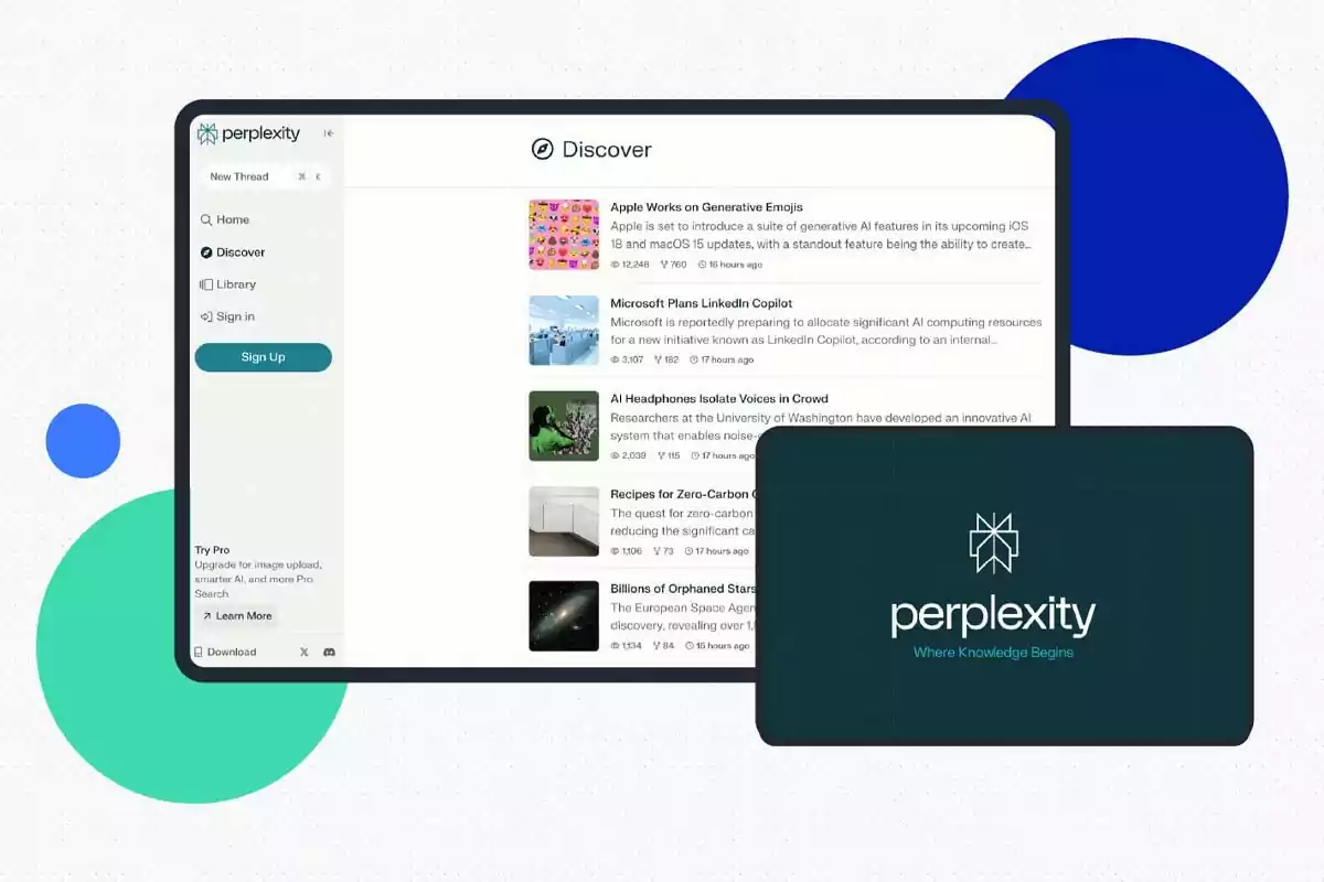 Perplexity platform screen displaying the Discover section with a list of articles and the Perplexity logo in the foreground against a background with colorful geometric shapes. Perplexity platform screen displaying the Discover section with a list of articles and the Perplexity logo in the foreground against a background with colorful geometric shapes.