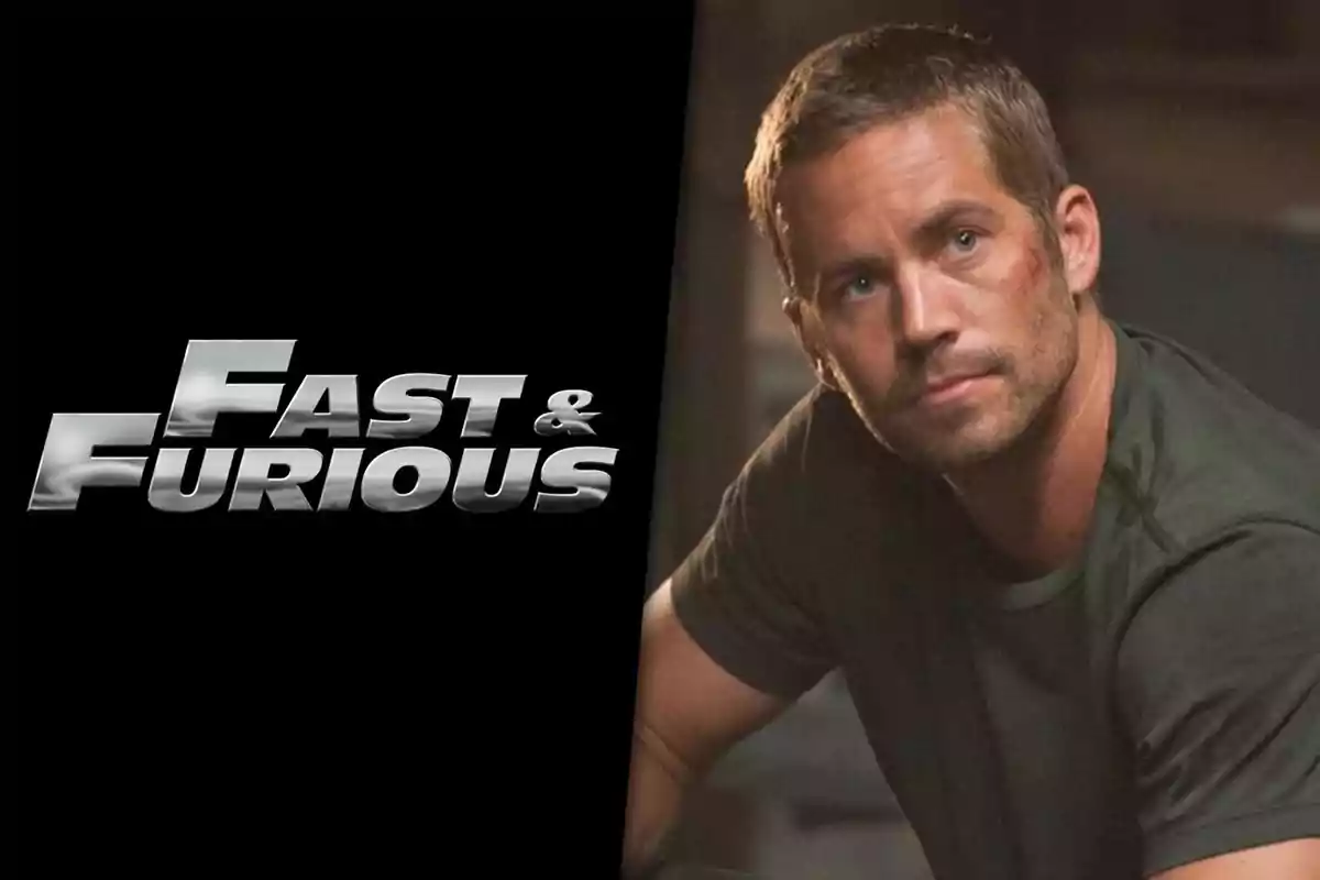 Short-haired man in a green t-jersey next to the Fast & Furious logo on a black background
