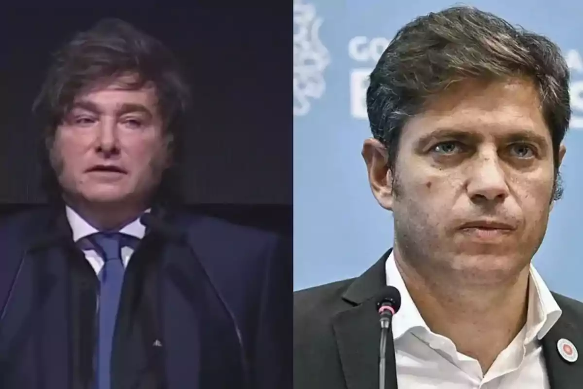 Two men in suits looking forward in different settings, one with a dark background and the other with a light blue background.