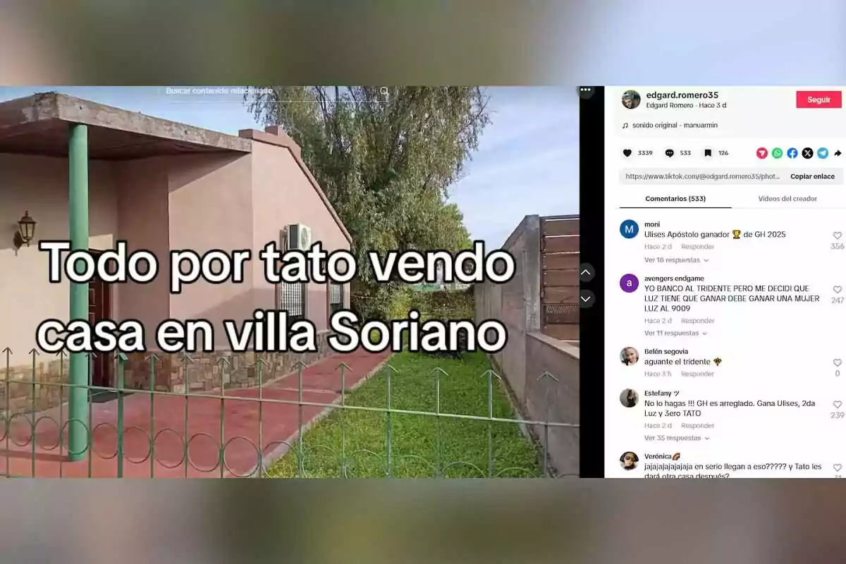 Casa con jardín y mensaje en pantalla que dice todo por tato vendo casa en villa Soriano Casa con jardín y mensaje en pantalla que dice todo por tato vendo casa en villa Soriano