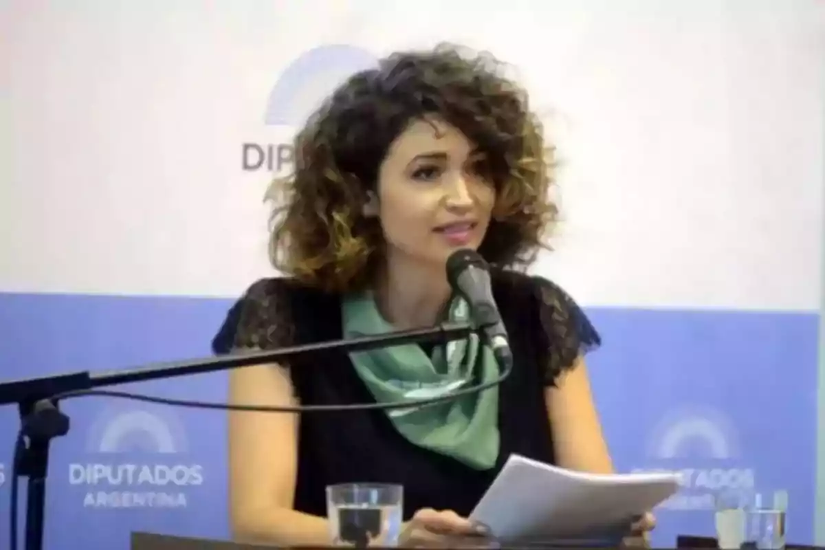 Mujer de cabello rizado hablando en un micrófono durante una conferencia con un pañuelo verde en el cuello y fondo institucional de Diputados Argentina Mujer de cabello rizado hablando en un micrófono durante una conferencia con un pañuelo verde en el cuello y fondo institucional de Diputados Argentina