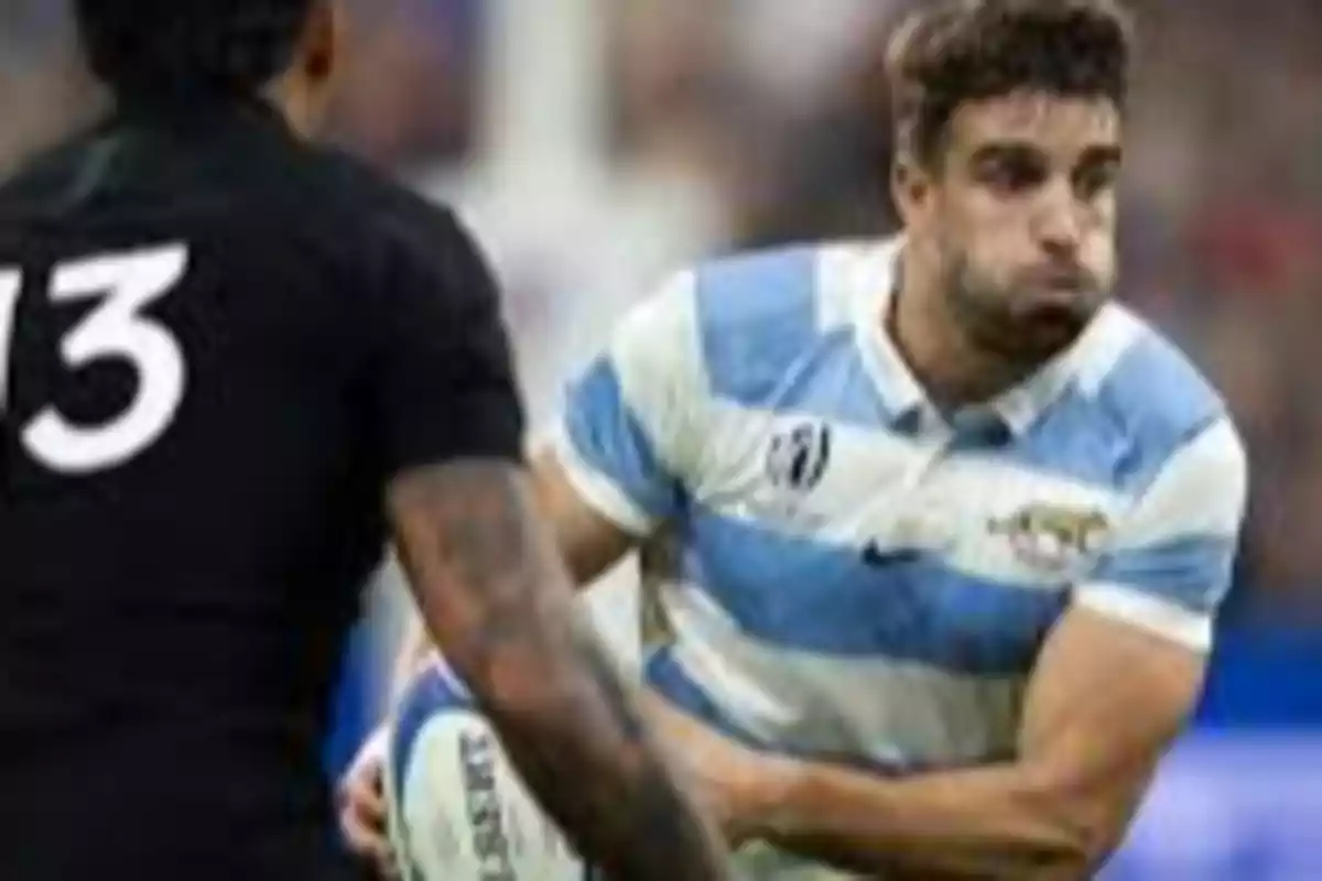 Rugby player in a light blue and white jersey running with the ball while being challenged by an opponent in a black jersey with the number 13. Rugby player in a light blue and white jersey running with the ball while being challenged by an opponent in a black jersey with the number 13.
