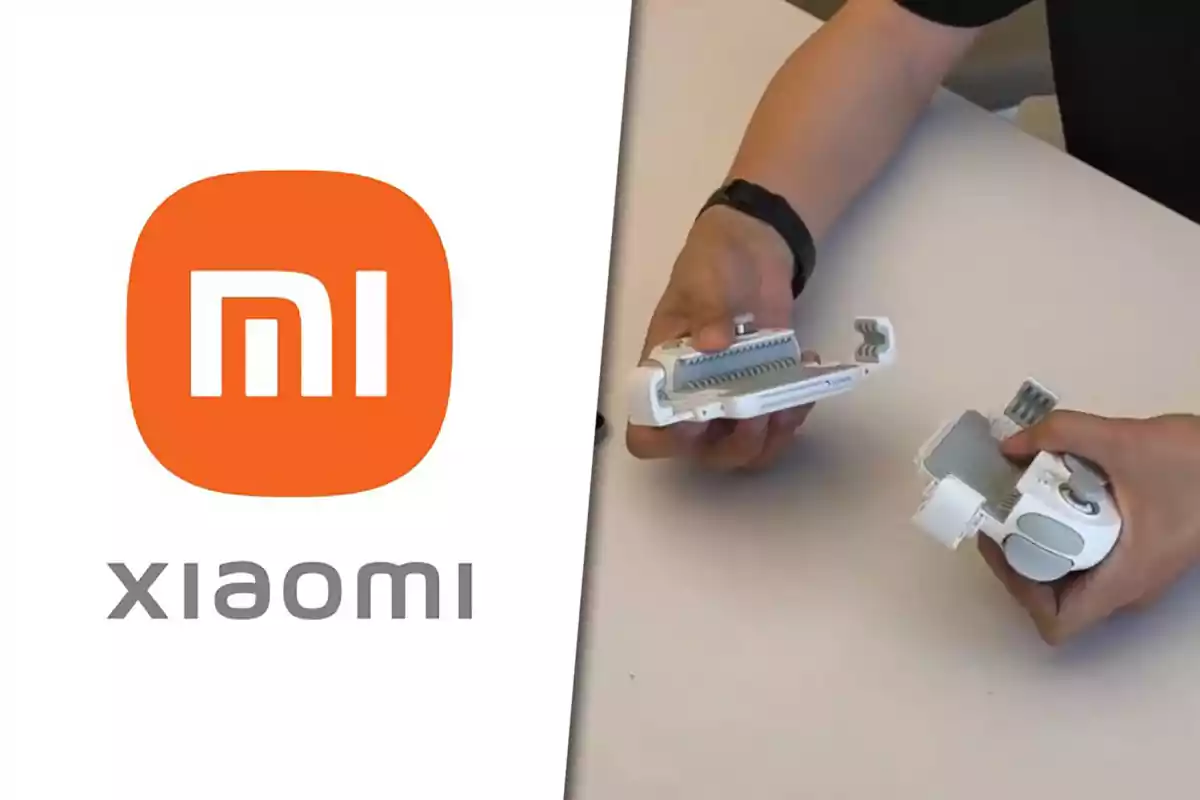 Xiaomi logo on the left and a person holding a white device with both hands on the right