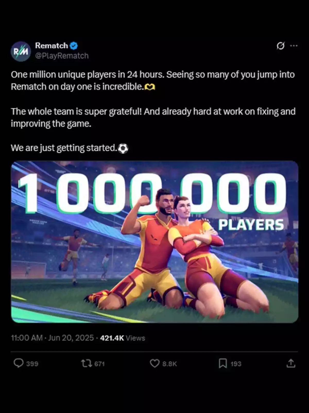 Rematch post celebrating one million unique players in 24 hours with an image of two animated characters in soccer uniforms celebrating in a stadium and large text reading one million players Rematch post celebrating one million unique players in 24 hours with an image of two animated characters in soccer uniforms celebrating in a stadium and large text reading one million players