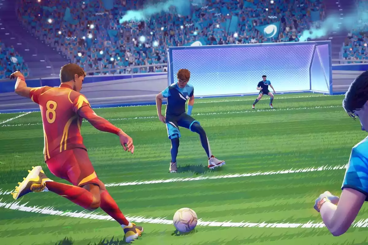 Player in a red and yellow uniform about to kick the ball toward the goal while being defended by players in blue uniforms in a stadium full of spectators. Player in a red and yellow uniform about to kick the ball toward the goal while being defended by players in blue uniforms in a stadium full of spectators.