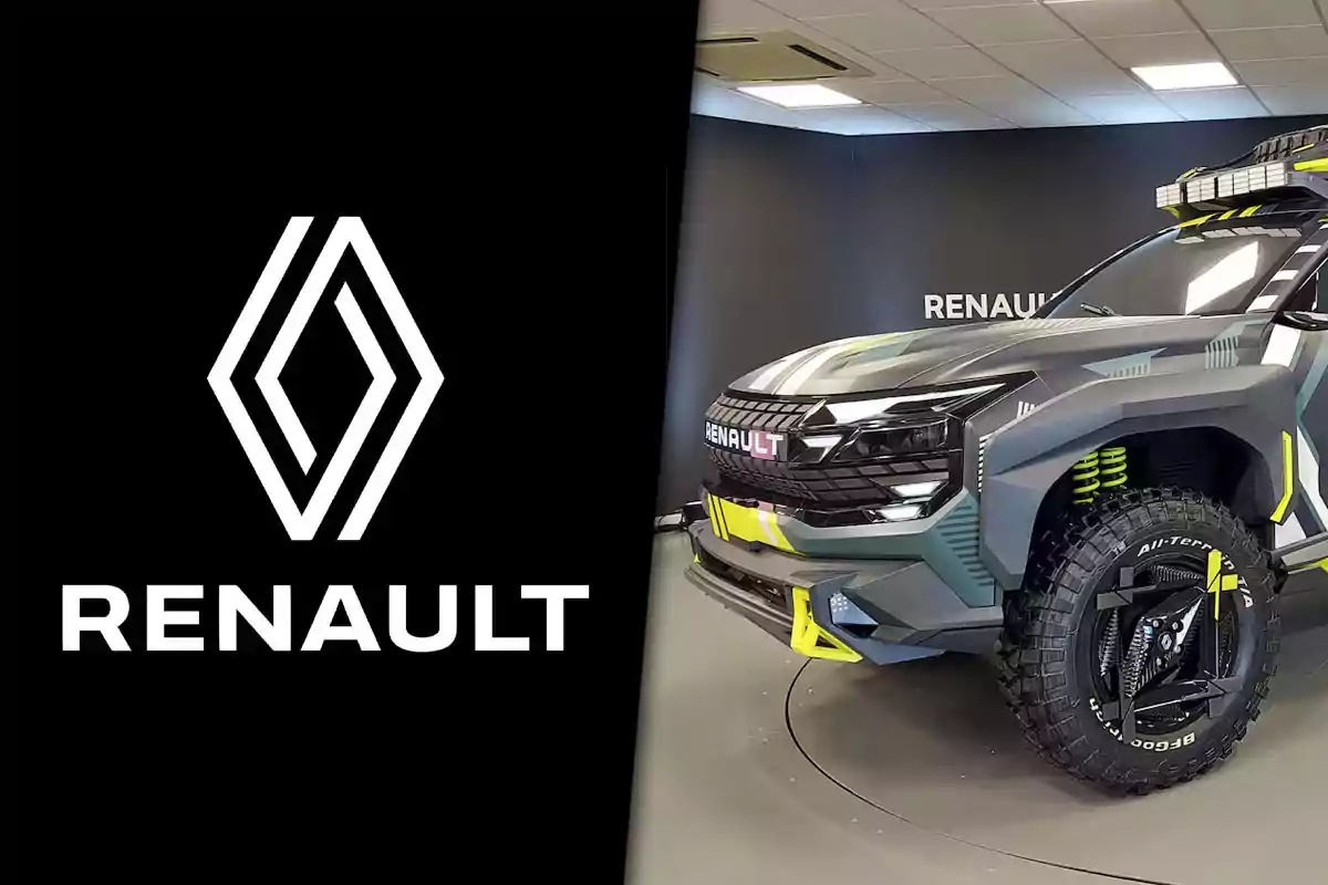 Logo de Renault junto a una camioneta todoterreno de la marca en una sala de exhibición
