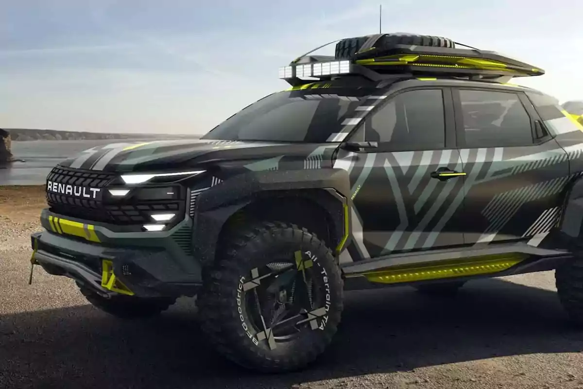 Camioneta Renault todoterreno de diseño futurista estacionada cerca de un paisaje costero Camioneta Renault todoterreno de diseño futurista estacionada cerca de un paisaje costero