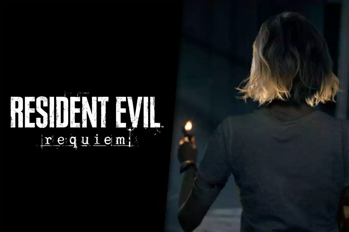 Logo de Resident Evil Requiem junto a una persona de espaldas con el cabello rubio corto sosteniendo una vela en un ambiente oscuro