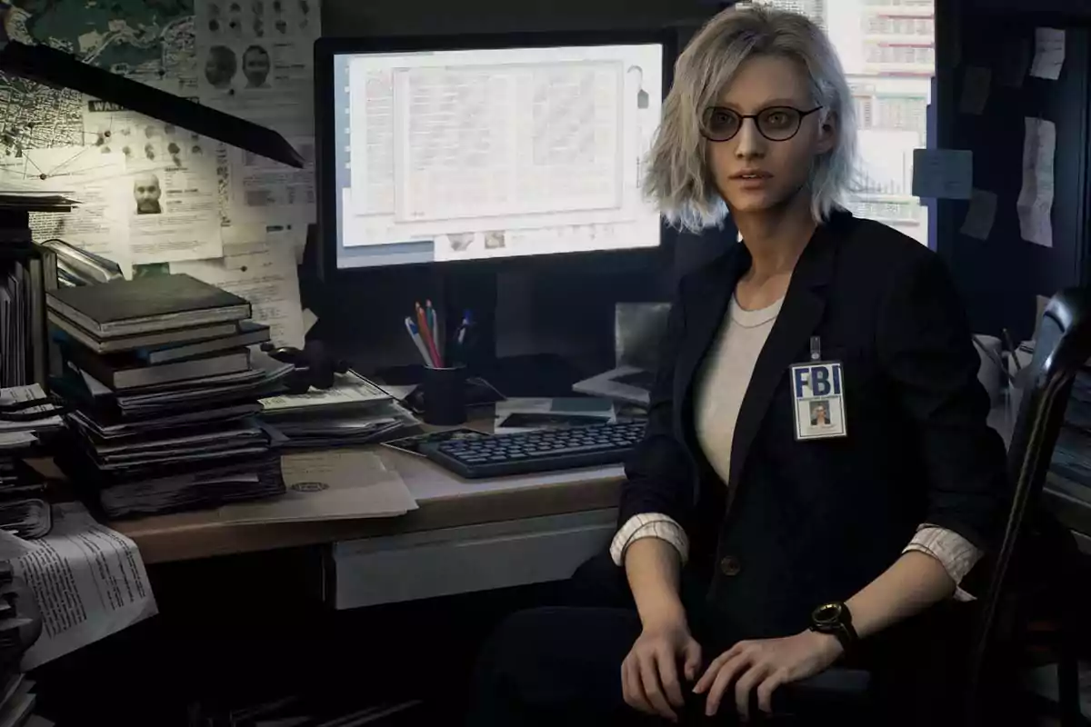 Agente del FBI con gafas y cabello rubio sentada en una oficina llena de documentos y una computadora encendida Agente del FBI con gafas y cabello rubio sentada en una oficina llena de documentos y una computadora encendida