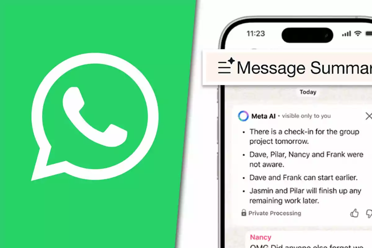 Logo de WhatsApp junto a la pantalla de un teléfono que muestra un resumen de mensajes generado por Meta AI