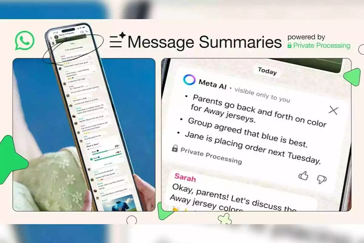 Una persona sostiene un teléfono móvil que muestra una conversación de WhatsApp y un resumen generado por inteligencia artificial sobre los mensajes del grupo Una persona sostiene un teléfono móvil que muestra una conversación de WhatsApp y un resumen generado por inteligencia artificial sobre los mensajes del grupo