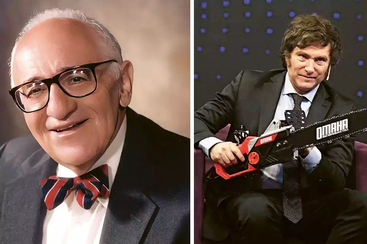 Two men dressed in suits, one of them wearing a colorful bow tie and the other holding a red and black chainsaw.